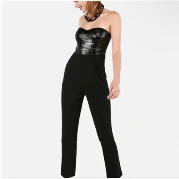 EXPRESS | Strapless Black Sequin Top Jumpsuit with Pockets Women’s Size 18 - Picture 1 of 9